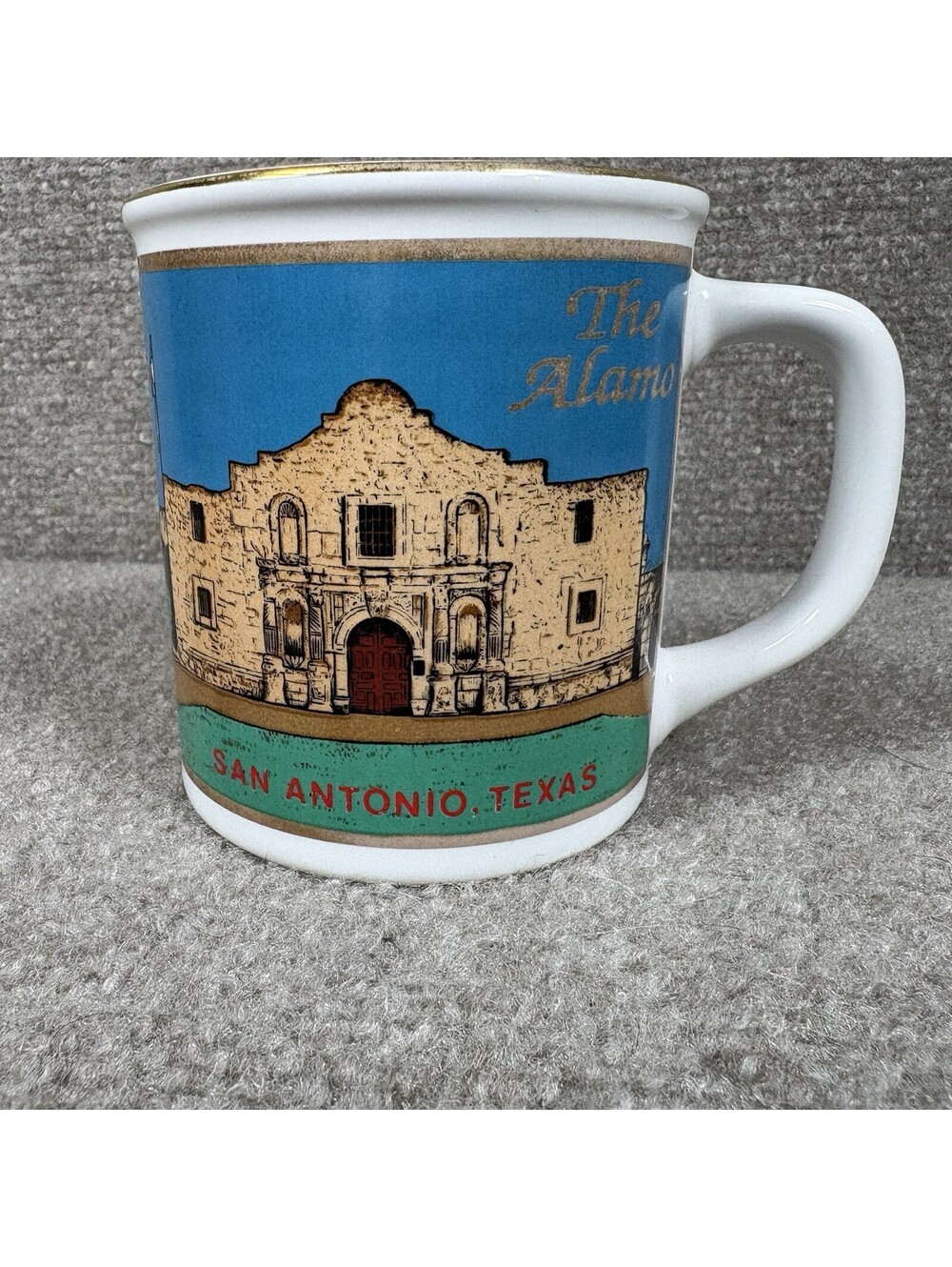 Vintage Gold Rimmed Ceramic Souvenir Coffee Mug The Alamo San Antonio, Texas